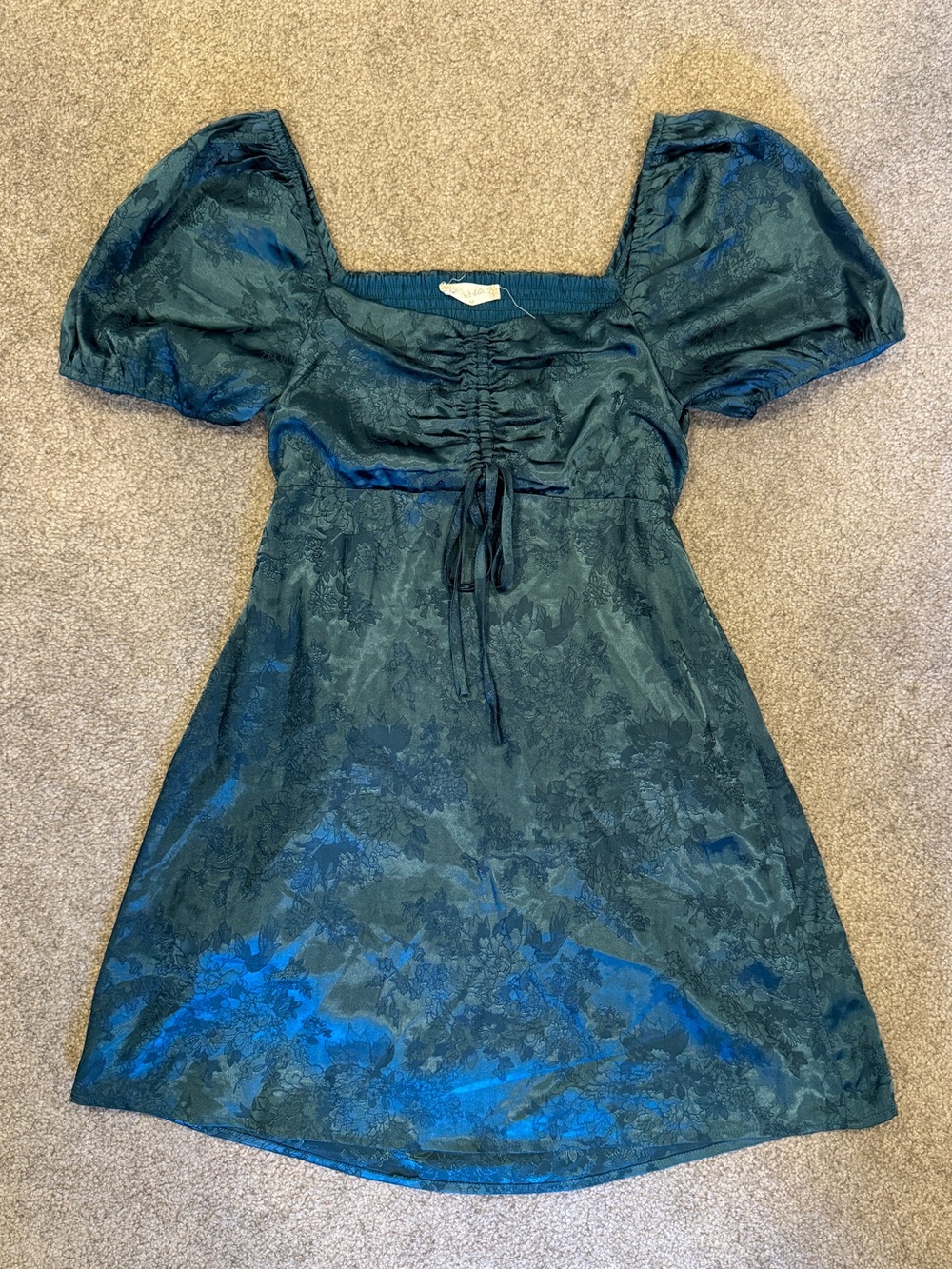 Women's Dark Emerald Green Puff Sleeve Jacquard Mini Dress